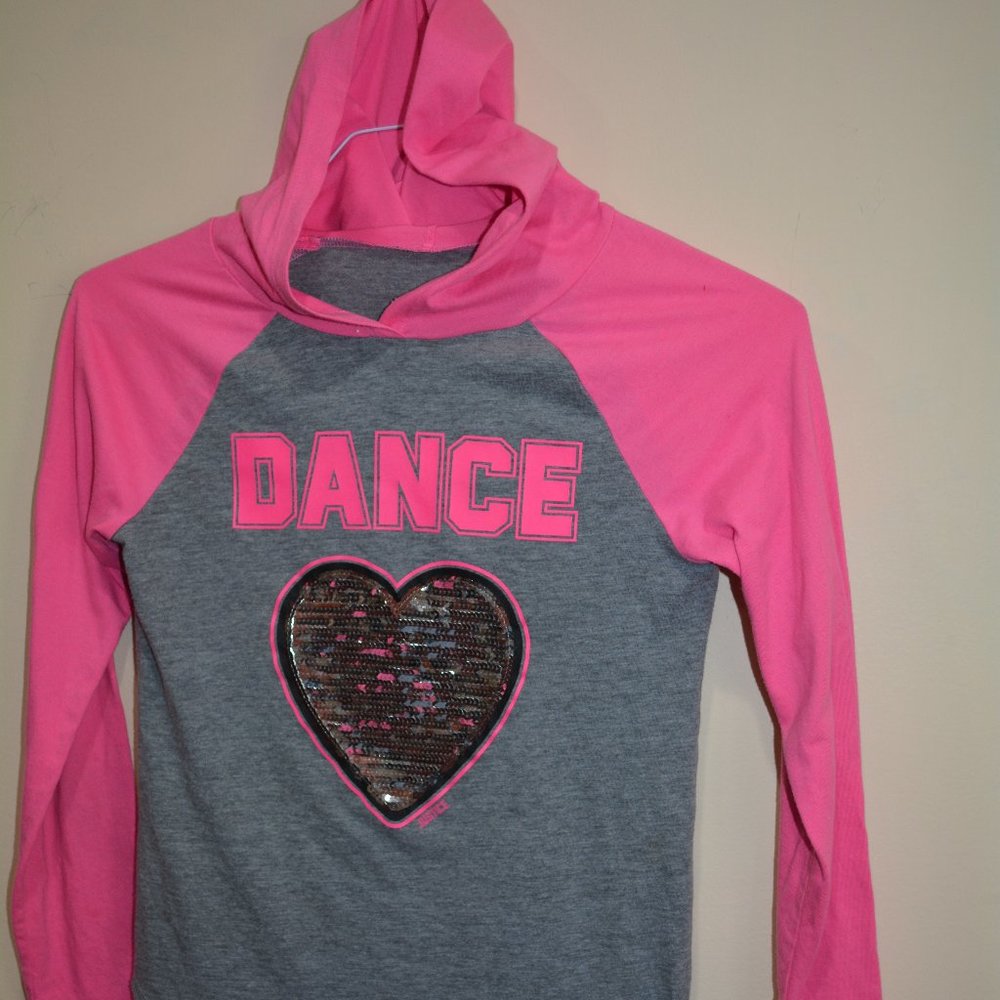 Justice Active Girl's Pink & Gret Sparkling DANCE Hooded Shirt-Size 10